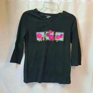 Breckenridge Emrboidered Floral Black Quarter Sleeve Blouse